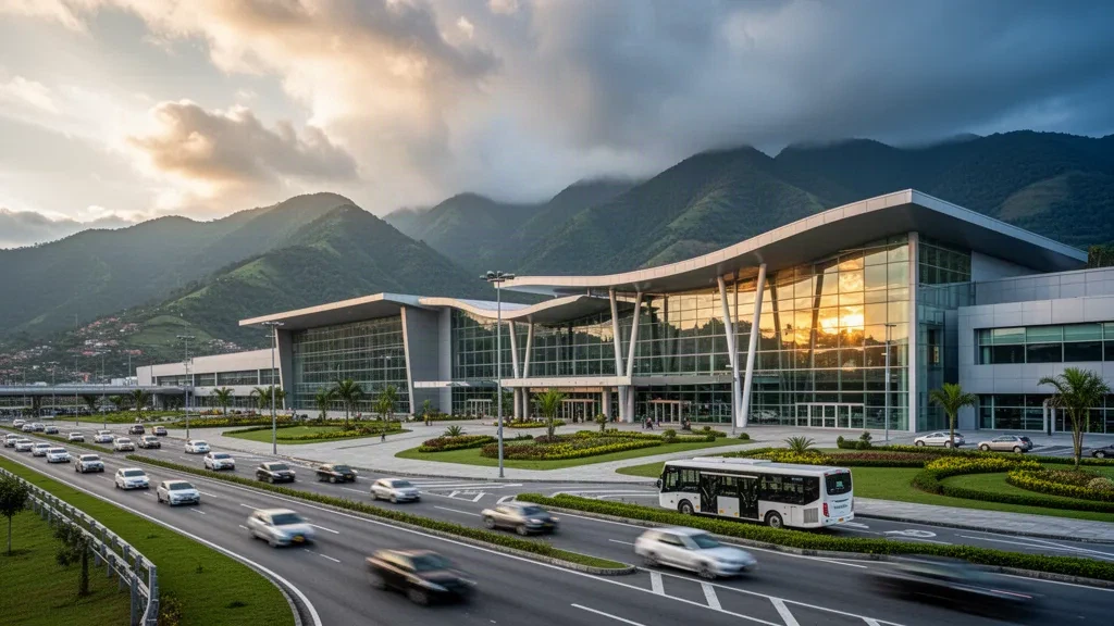 Terminal moderna de cristal en el Aeropuerto Internacional José María Córdova, cerca de Medellín, con las montañas de los Andes y luz de hora dorada