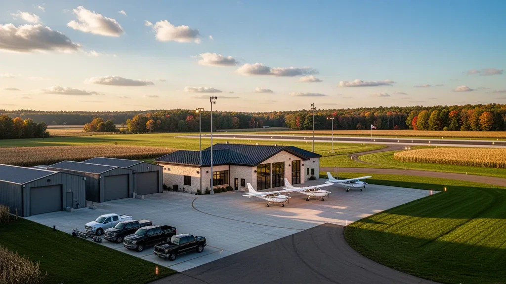 Kleines Terminal für die Allgemeine Luftfahrt, Hangars und abgestellte Leichtflugzeuge auf dem Vorfeld am Taylor County Airport in Medford, Wisconsin, zur goldenen Stunde.