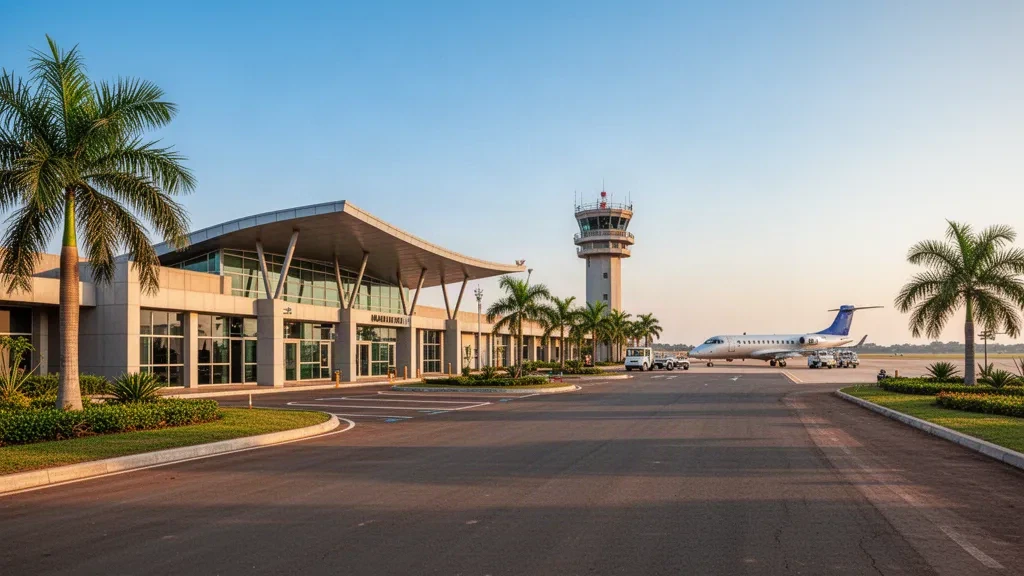 Modern terminal and drop-off area at Makurdi Airport in Benue State, Nigeria, with clear skies and tropical greenery.