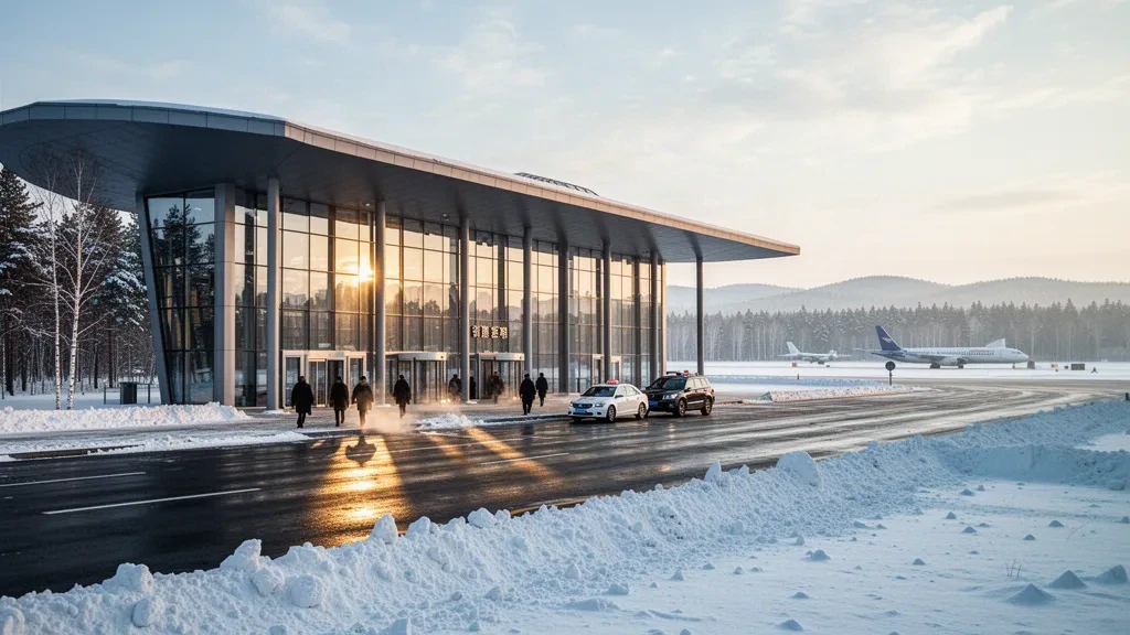 Kışın Mudanjiang Hailang Uluslararası Havalimanı'nda kar kaplı çam ağaçları ve apron üzerinde park etmiş bir uçakla modern cam terminal dış cephesi