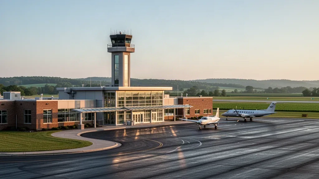 Altın saatte Murphysboro yakınlarındaki Southern Illinois Havaalanı'nda kontrol kulesi bulunan cam ve tuğla terminal