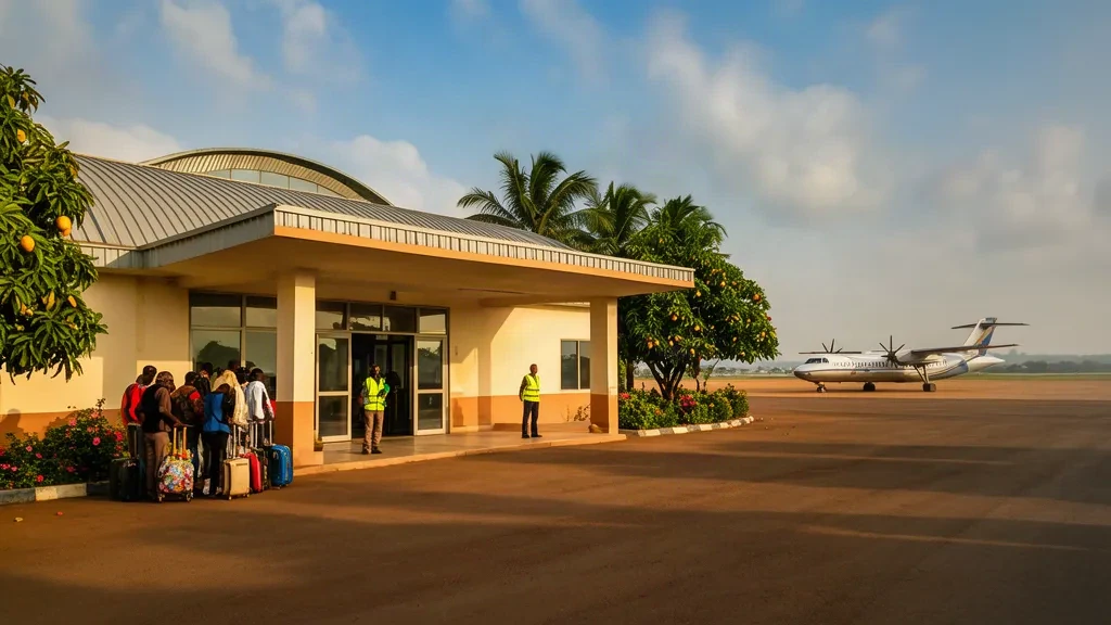 Travellers and palm trees outside the single-storey terminal building of Makurdi Airport in Benue State, Nigeria