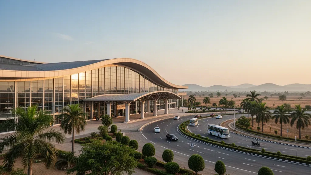 Mandalay International Airport terminal exterior in Tada-U at golden hour, with glass facade, curved roof and airport access road