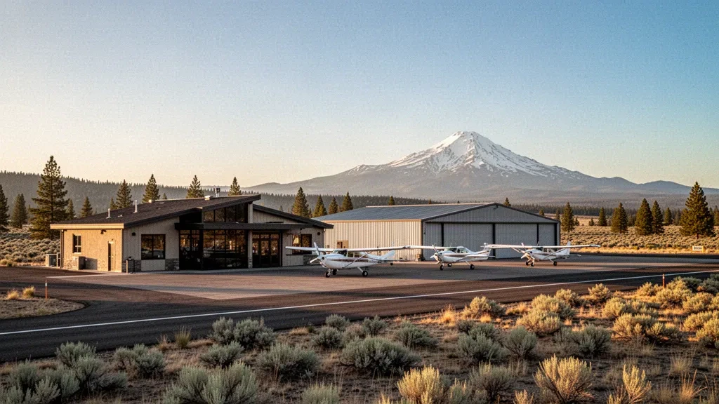 Vue à l'heure dorée de l'aéroport municipal de Madras dans le centre de l'Oregon, avec des hangars, des aéronefs légers stationnés et les montagnes Cascade en arrière-plan.