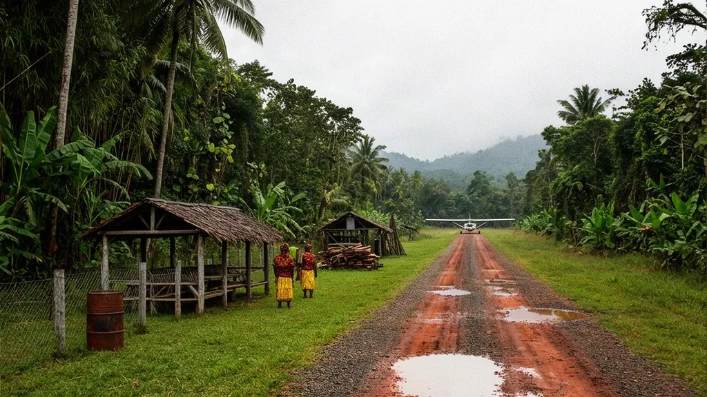 Pista de aterrizaje de hierba en el remoto aeropuerto de Munduku, en las tierras bajas del Sepik de Papúa Nueva Guinea, bordeada de densa selva tropical con un refugio de espera de madera y techo de paja.