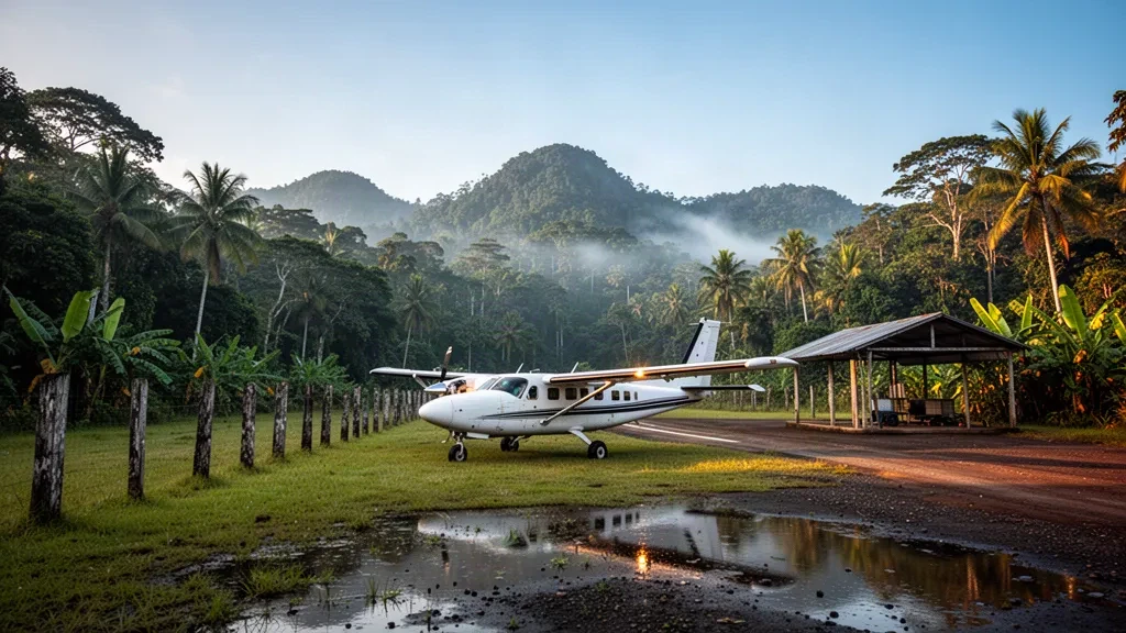 Petit avion à hélice sur la piste herbeuse de l'aéroport de Munduku, entouré de forêt tropicale et de montagnes brumeuses en Papouasie-Nouvelle-Guinée.