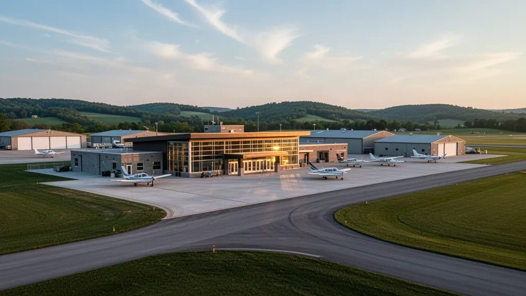 Terminal moderno in vetro e aereo leggero all'aeroporto municipale di Madison in Indiana con luce dorata