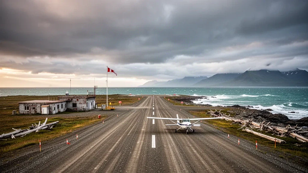 Piste éloignée en gravier à l'aéroport de Middleton Island en Alaska, entourée par l'océan, la toundra et un ciel côtier spectaculaire.