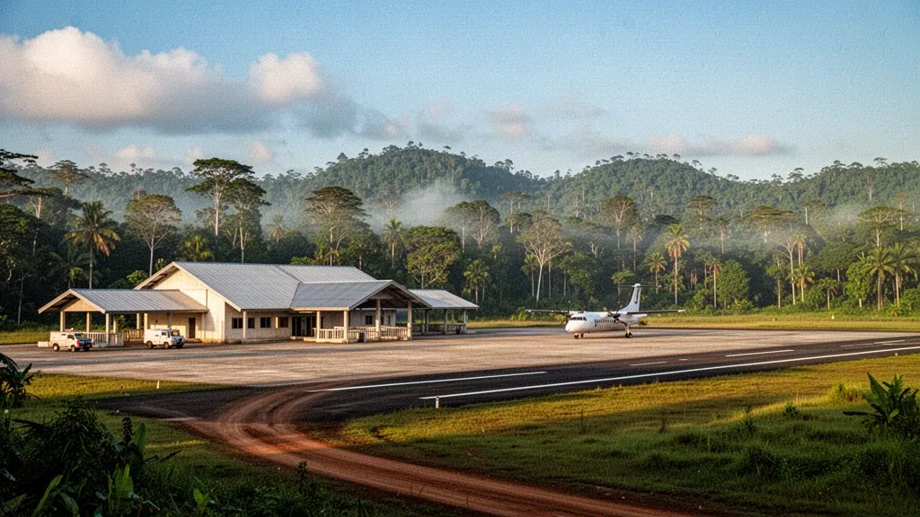 Abgelegene tropische Landebahn und kleines Terminal am Flughafen Mindiptana in Papua, Indonesien, umgeben von dichtem Regenwald