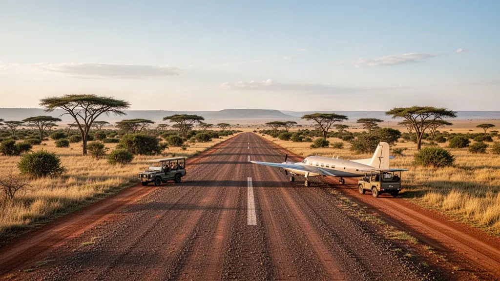 Piccolo aereo da safari e pista sterrata polverosa presso la pista di atterraggio di Musiara nella savana del Masai Mara sotto una calda luce dorata