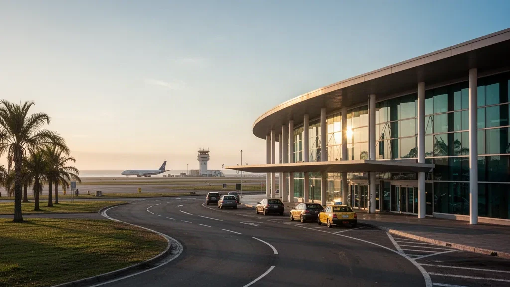 Modernes Glas-Terminal und Vorfahrtsbereiche am Flughafen Ástor Piazzolla International in Mar del Plata, Argentinien