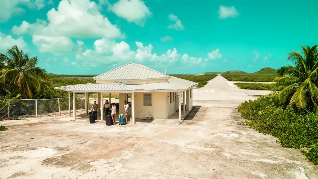 Pequeño edificio terminal tropical y plataforma soleada en el Aeropuerto de Middle Caicos MDS en las Islas Turks y Caicos