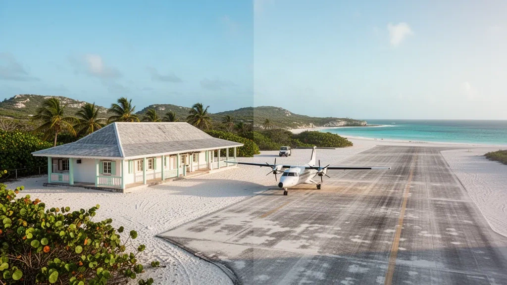 Petit terminal insulaire et turbopropulseur stationné à l'aéroport de Middle Caicos, dans les îles Turques-et-Caïques, sous un ciel tropical dégagé