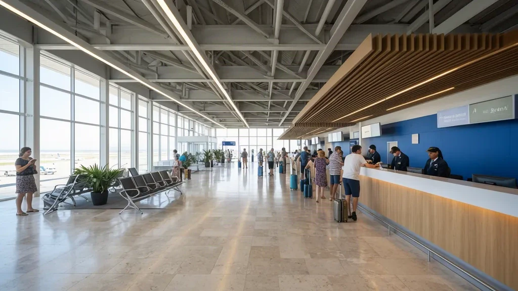 Arjantin'in Mar del Plata kentindeki Ástor Piazzolla Uluslararası Havalimanı'nın aydınlık check-in salonunda bagajlarıyla yolcular
