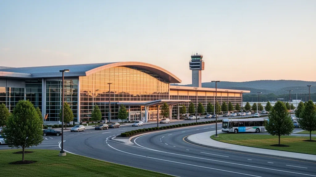 Exterior moderno de terminal de cristal en el Aeropuerto Internacional de Harrisburg durante la hora dorada, con vías de acceso y vehículos estacionados.