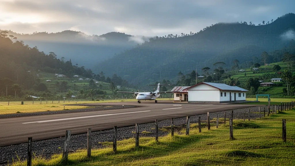 Petite piste d'atterrissage des hautes terres à l'aéroport de Mendi en Papouasie-Nouvelle-Guinée, entourée de montagnes verdoyantes dans la brume matinale