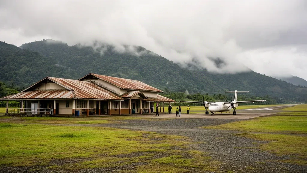 Terminal de l'aéroport de Mendi dans les Southern Highlands en Papouasie-Nouvelle-Guinée, avec une aire de stationnement enherbée, un petit avion à turbopropulseur et des crêtes montagneuses brumeuses.