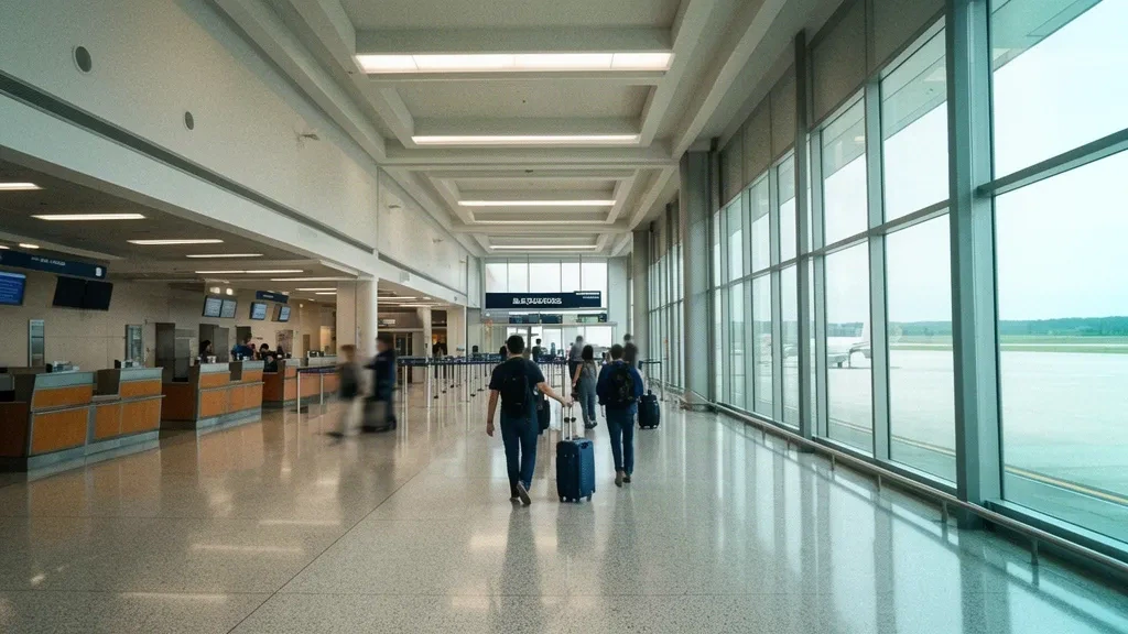 Harrisburg Uluslararası Havalimanı MDT içindeki check-in bankoları, cam duvarları ve bagajlarını taşıyan yolcularla geniş kalkış salonu
