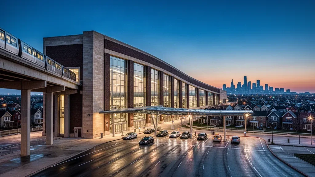 Eingang des Terminals am Chicago Midway International Airport in der Abenddämmerung mit beleuchteter Glasfassade, Vorfahrtsbereich und der Skyline von Chicago im Hintergrund