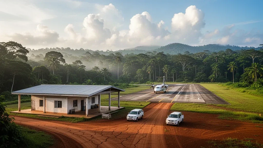 Piccola pista aeroportuale regionale all'aeroporto di Médouneu in Gabon, circondata da una fitta foresta pluviale equatoriale sotto la luce calda del mattino