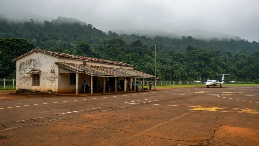 Gabon'daki Médouneu Havalimanı'nda (MDV) nemli gün ışığı altında yoğun ekvatoral yağmur ormanlarıyla çevrili küçük bölgesel terminal binası ve apron