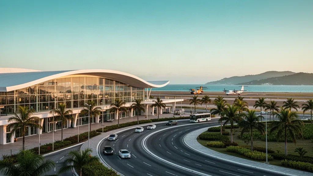 Terminal moderno de cristal y carriles de descenso flanqueados por palmeras en el aeropuerto Macaé Benedito Lacerda en Brasil a la hora dorada