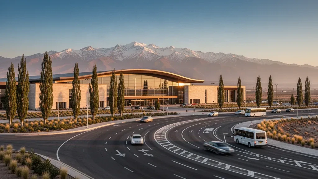Moderno terminal in vetro dell'Aeroporto Internazionale Governor Francisco Gabrielli a Mendoza con le Ande sullo sfondo durante l'ora d'oro