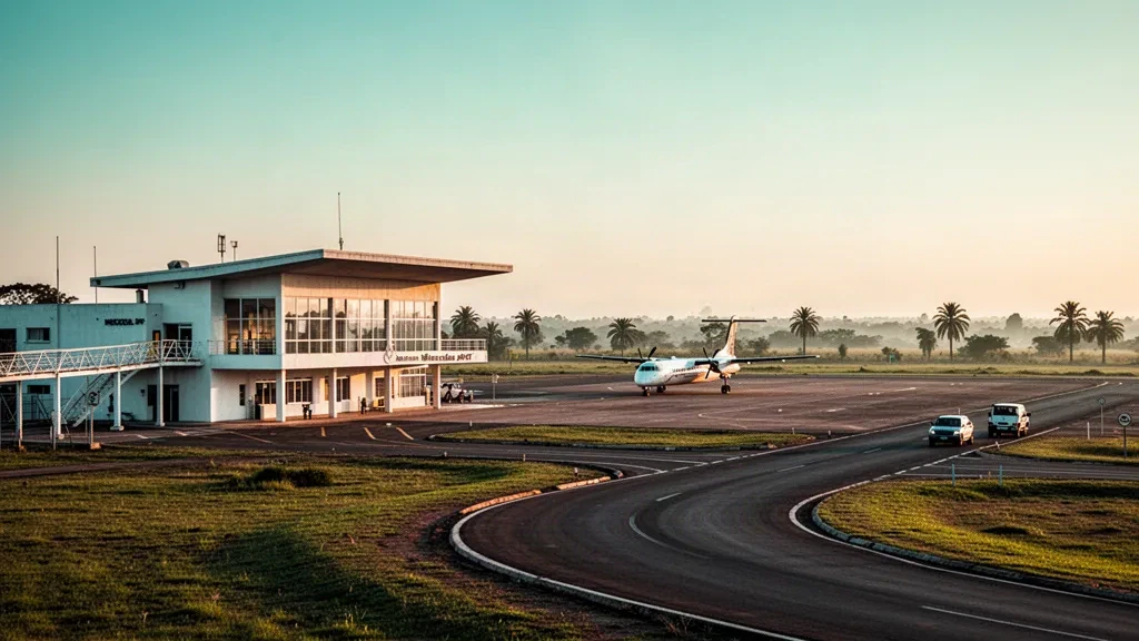 Arjantin'in Corrientes kentindeki Mercedes Havaalanı'nda alçak terminal binası ve apron, bölgesel bir turboprop uçakla birlikte altın saat ışığında parlıyor.