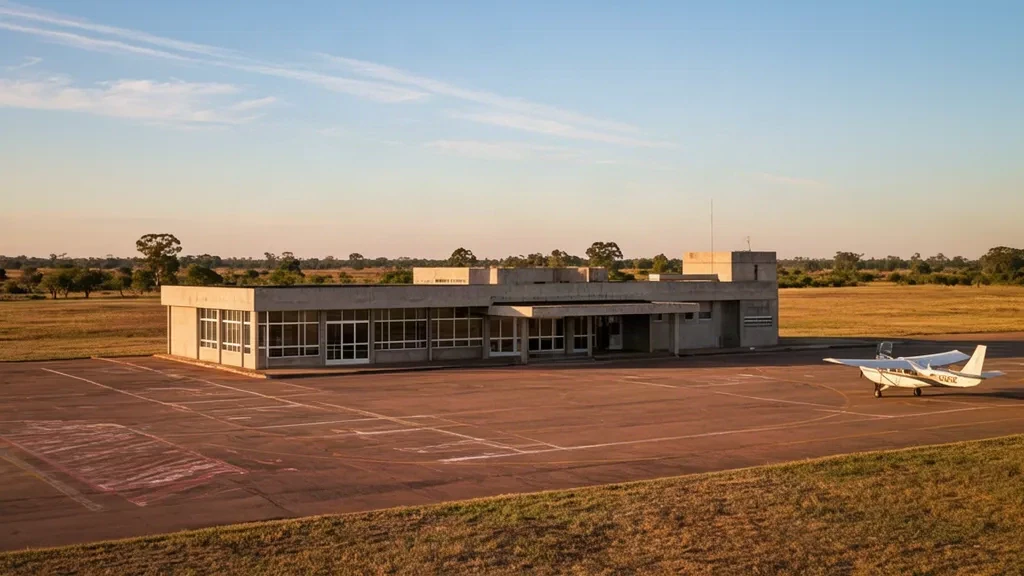 Arjantin'in Corrientes kentindeki Mercedes Havaalanı MDX'te küçük bölgesel terminal binası ve güneşle aydınlanan apron