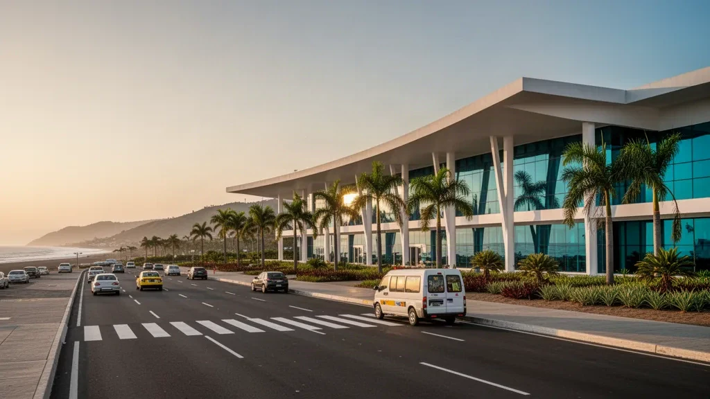 Außenansicht eines modernen Glasterminals mit Vorfahrspur am Flughafen Eloy Alfaro International in Manta, Ecuador, in warmem Licht zur goldenen Stunde.