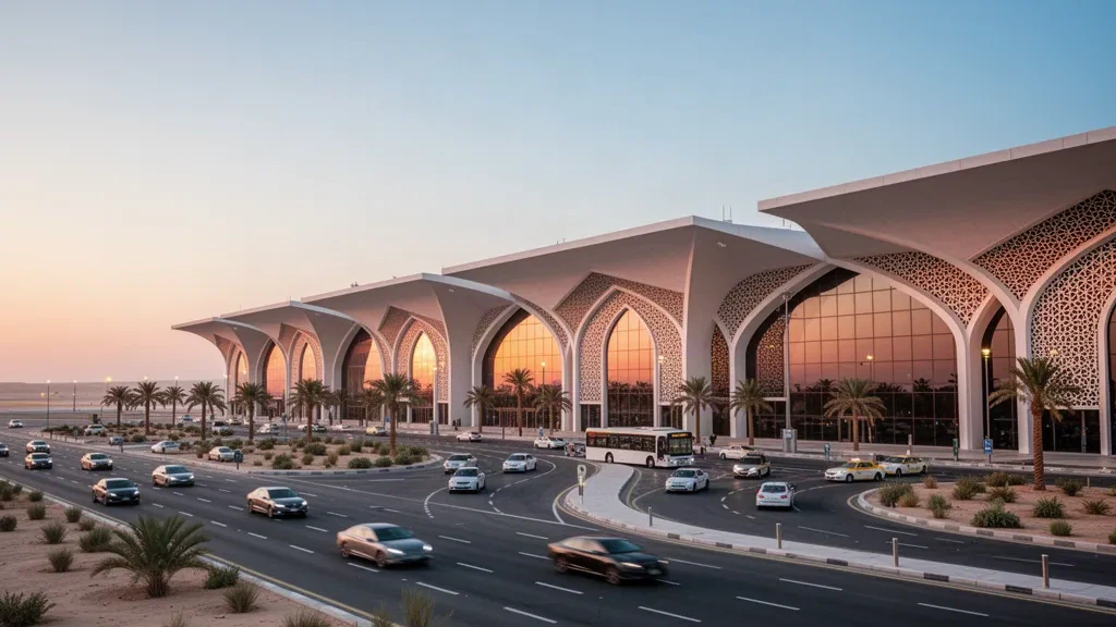 Terminal moderne en verre et voies de dépose bordées de palmiers à l'aéroport Prince Mohammad bin Abdulaziz à Médine à l'heure dorée