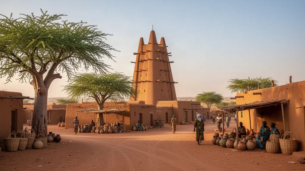 Moschee aus Lehmziegeln und staubige Marktstraße in Gourcy, Provinz Zondoma, Burkina Faso, im warmen Licht eines sahelischen Nachmittags