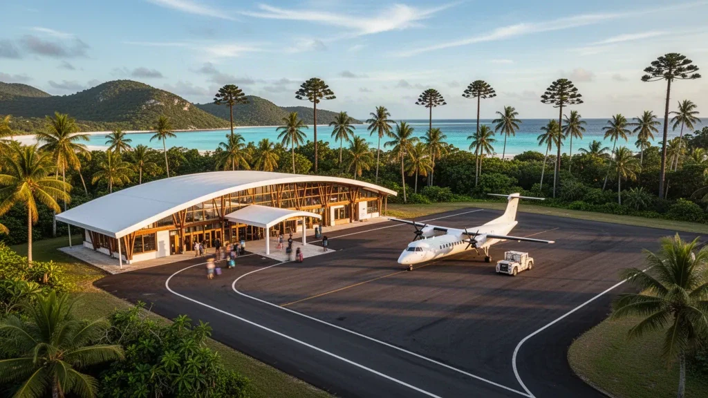 Petit terminal aéroportuaire et piste sur une île tropicale de l'île de Maré, en Nouvelle-Calédonie, entourés de palmiers et d'un lagon turquoise