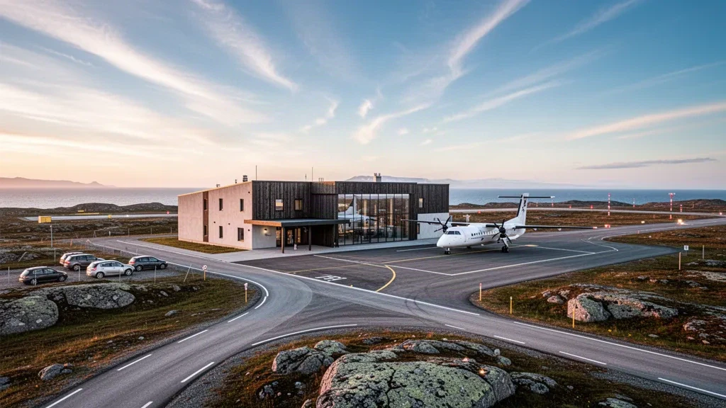 Terminal bas et moderne de l'aéroport de Mehamn sur la côte arctique rocheuse du Finnmark, en Norvège, baigné d'une lumière dorée avec la mer de Barents en arrière-plan