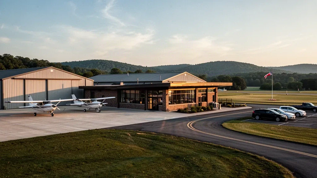 Small general aviation terminal and hangars at Port Meadville Airport in Pennsylvania with parked aircraft on the apron at golden hour