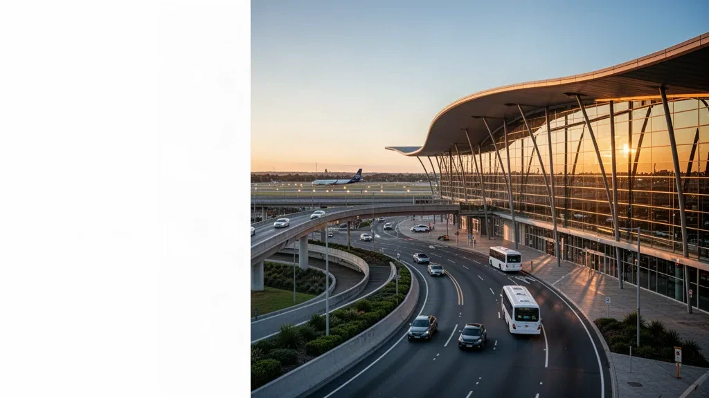 Modern glass terminal exterior and drop-off lanes at Melbourne Airport in Tullamarine, Victoria, bathed in golden-hour light