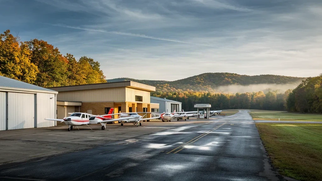 Aeromobile monomotore assicurato al piazzale accanto agli hangar presso l'aeroporto di Port Meadville a Meadville, Pennsylvania