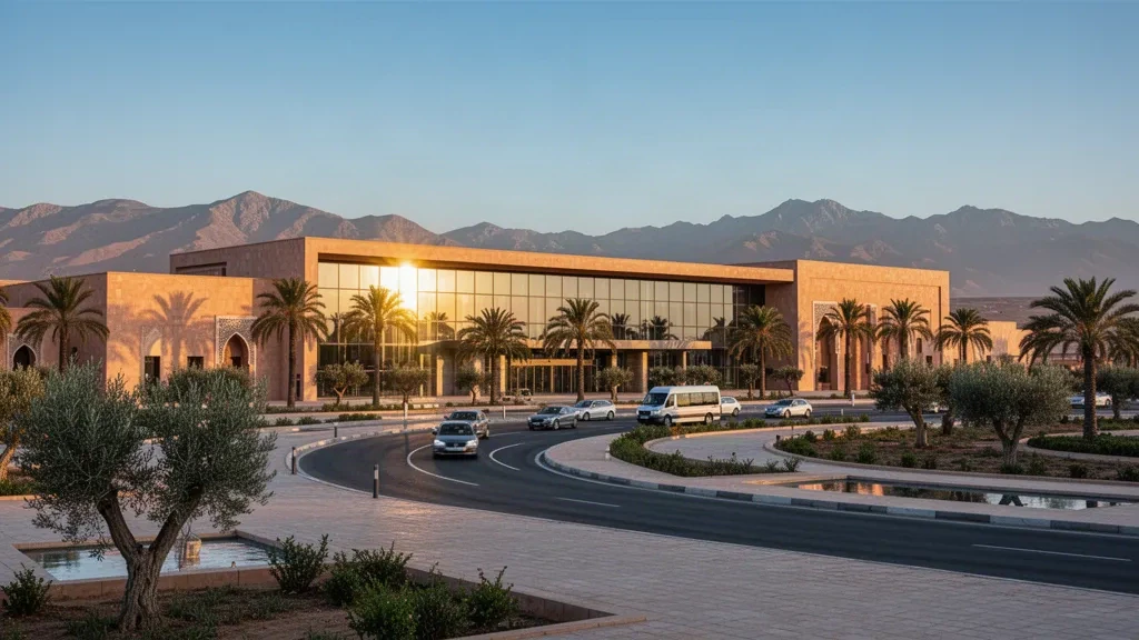 Terminal moderno in vetro e strada di accesso alberata da palme all'Aeroporto di Bassatine a Meknes, Marocco, fotografati durante l'ora d'oro