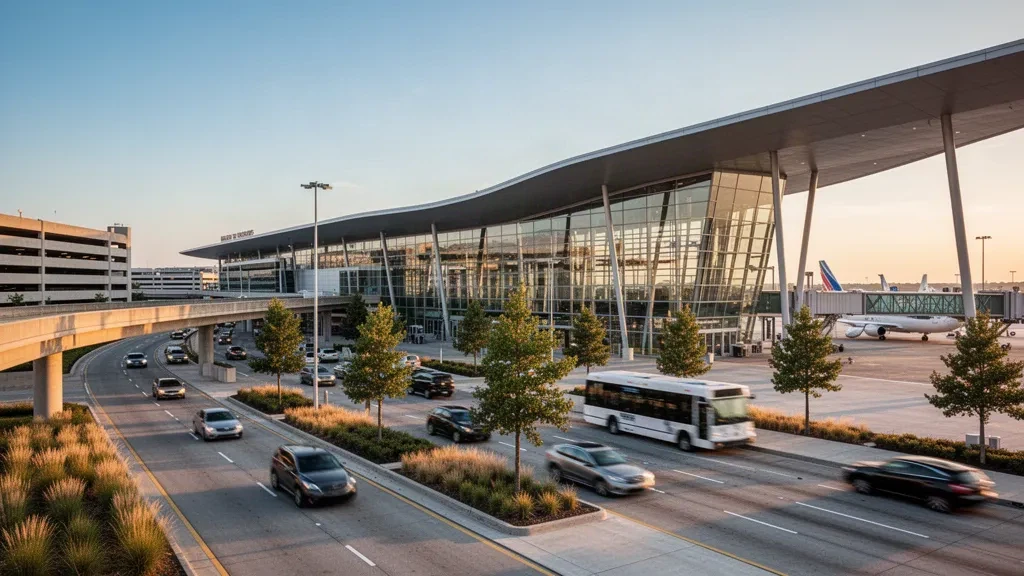 Moderner Glas-Terminal von außen und Vorfahrspuren am Memphis International Airport während der goldenen Stunde