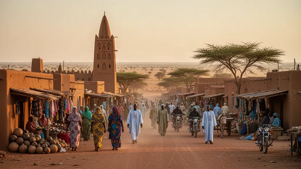 Escena callejera en la hora dorada en Dori, Región del Sahel de Burkina Faso, con arquitectura de adobe, puestos de mercado y acacias.