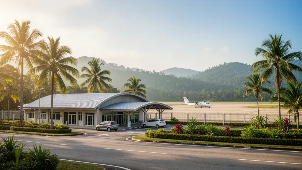 Malezya'nın Johor kentindeki Mersing Havalimanı'nda sıcak bir ikindi vakti ışığında tropikal tek katlı terminal ve palmiye ağaçlarıyla çevrili indirme-bindirme şeridi.