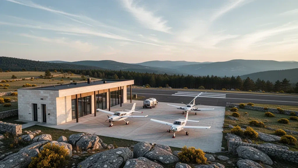 Modernes Glasterminal und abgestellte Leichtflugzeuge am Flugplatz Mende-Brenoux auf dem Lozère-Plateau, Cévennen in der goldenen Stunde