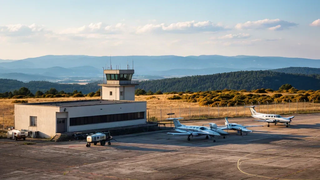 Piccolo edificio terminal e aerei leggeri parcheggiati sul piazzale dell'aerodromo di Mende-Brenoux sull'altopiano della Lozère, nel sud della Francia