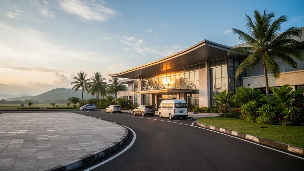 Terminal moderne en verre et environnement tropical à l'aéroport Cut Nyak Dhien à Aceh, en Indonésie, à l'heure dorée
