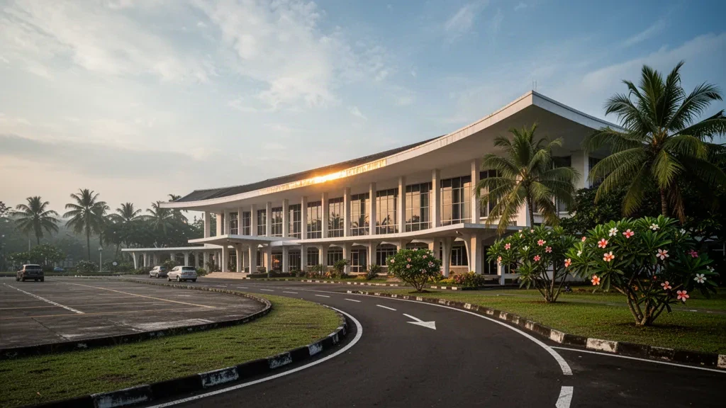 Veduta ampia dell'edificio terminal storico e della piazza antistante bordata di palme presso Soewondo Air Force Base a Medan, Sumatra Settentrionale, nella calda luce serale tropicale.