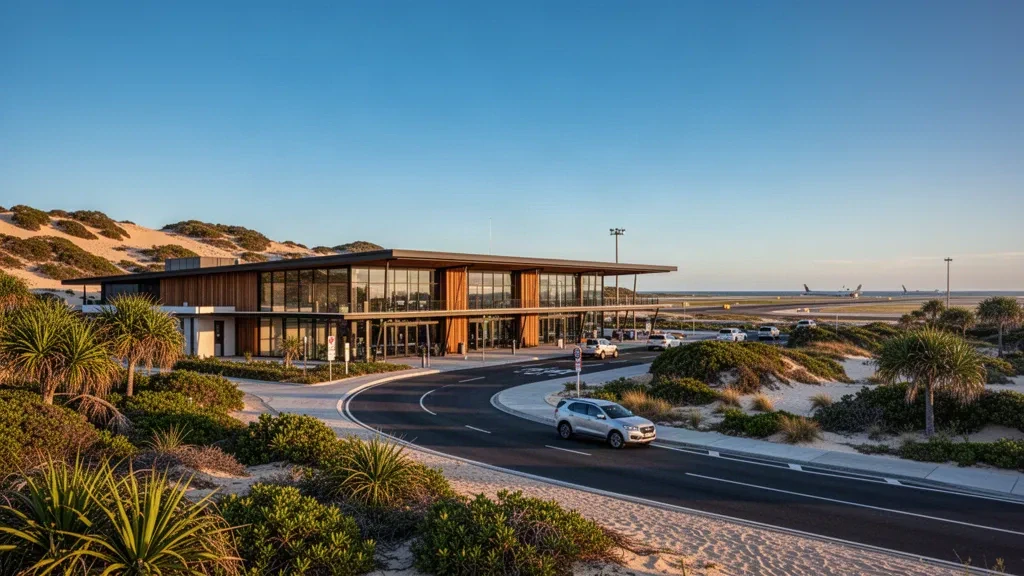 Extérieur moderne du terminal en verre et bois à l'aéroport de Moreton MET sur l'île de Moreton, Queensland, avec voie de dépose et végétation côtière à l'heure dorée.