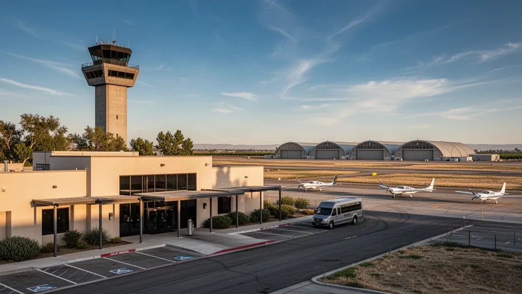 Terminal et tour de contrôle de l'aéroport de Castle à Atwater, en Californie, à l'heure dorée, avec une large aire de trafic et le ciel de la vallée centrale