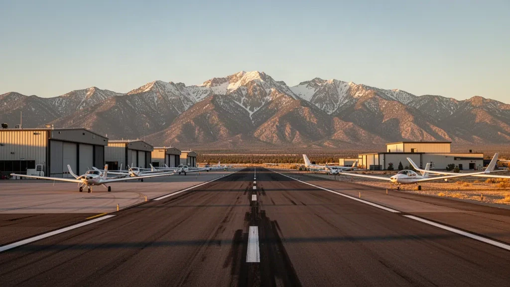 Vista panorámica de la pista del aeropuerto de Minden-Tahoe con aviones pequeños y las montañas Sierra Nevada al fondo bajo un cielo despejado.