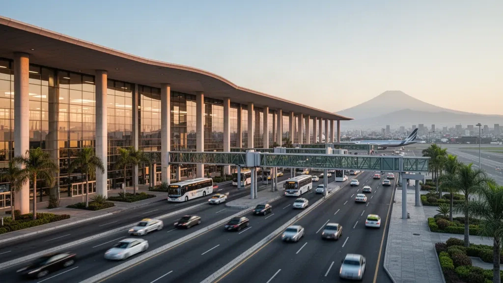 Esterno moderno del terminal in vetro e strade di accesso al marciapiede dell'aeroporto internazionale Benito Juárez di Città del Messico durante l'ora d'oro