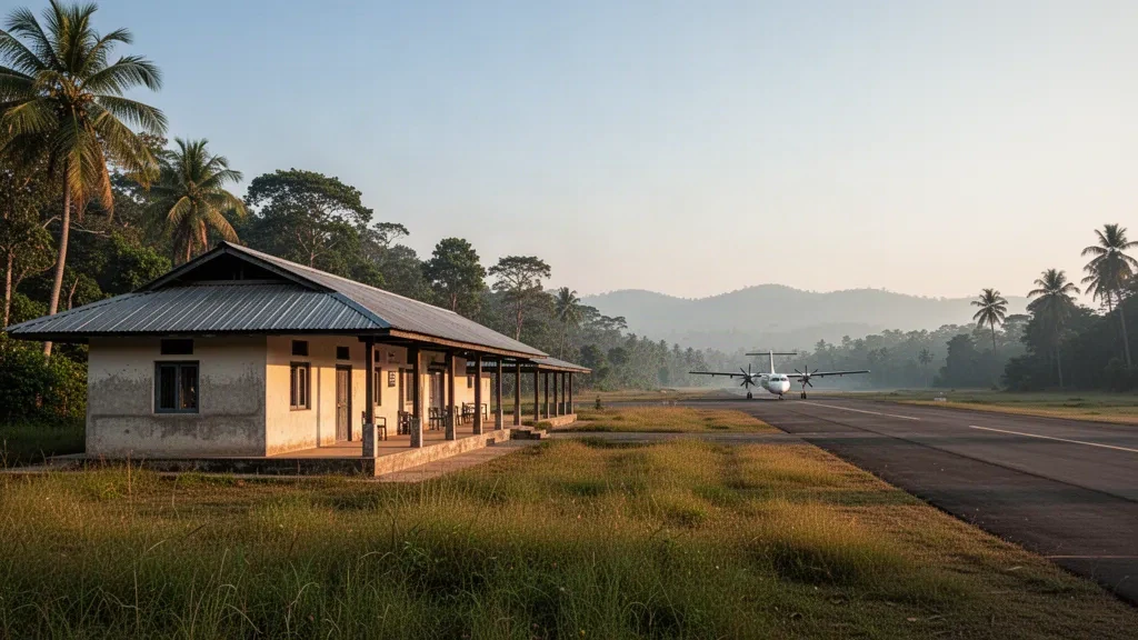 Piccolo edificio terminal e pista all'Aeroporto di Meghauli vicino al Parco Nazionale di Chitwan in Nepal durante l'ora d'oro
